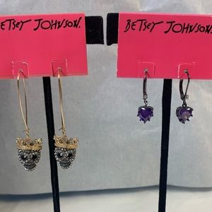 Betsey Johnson Earrings Set of 2 Crystal Pave Skull Hook Earrings & Purple Drop!